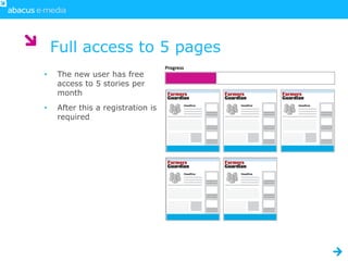 Full access to 5 pages
•   The new user has free
    access to 5 stories per
    month
•   After this a registration is
    required
 