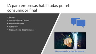 IA para empresas habilitadas por el
consumidor final
• Ventas
• Investigación de Clientes
• Recomendaciones
• Publicidad
• Procesamiento de comentarios
IA entrega valor al core del negocio
 