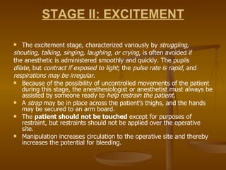 STAGE II: EXCITEMENT The excitement stage, characterized variously by  struggling, shouting, talking, singing, laughing, or crying , is often avoided if the anesthetic is administered smoothly and quickly. The pupils dilate , but  contract if exposed to light ; the  pulse rate is rapid , and respirations may be irregular . Because of the possibility of uncontrolled movements of the patient during this stage, the anesthesiologist or anesthetist must always be assisted by someone ready to  help restrain the patient . A  strap  may be in place across the patient’s thighs, and the hands may be secured to an arm board.  The  patient should not be touched  except for purposes of restraint, but restraints should not be applied over the operative site.  Manipulation increases circulation to the operative site and thereby increases the potential for bleeding. 