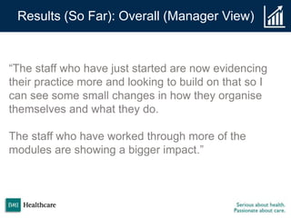 Results (So Far): Overall (Manager View)
“The staff who have just started are now evidencing
their practice more and looking to build on that so I
can see some small changes in how they organise
themselves and what they do.
The staff who have worked through more of the
modules are showing a bigger impact.”
 
