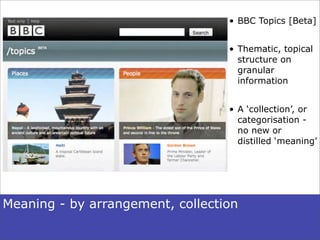 • BBC Topics [Beta]


                                  • Thematic, topical
                                    structure on
                                    granular
                                    information


                                  • A ‘collection’, or
                                    categorisation -
                                    no new or
                                    distilled ‘meaning’




Meaning - by arrangement, collection