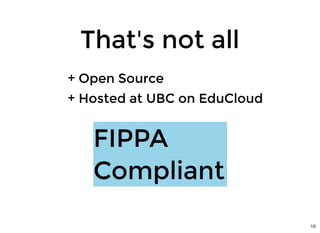That's not allThat's not all
+ Open Source+ Open Source
+ Hosted at UBC on EduCloud+ Hosted at UBC on EduCloud
FIPPAFIPPA
CompliantCompliant
10
 
