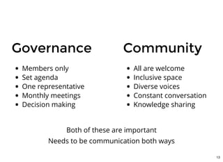 GovernanceGovernance
Members only
Set agenda
One representative
Monthly meetings
Decision making
CommunityCommunity
All are welcome
Inclusive space
Diverse voices
Constant conversation
Knowledge sharing
Both of these are important
Needs to be communication both ways
13
 