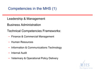 The Meat Hygiene Service is an executive
agency of the Food Standards Agency
Competencies in the MHS (1)
Leadership & Management
Business Administration
Technical Competencies Frameworks:
– Finance & Commercial Management
– Human Resources
– Information & Communications Technology
– Internal Audit
– Veterinary & Operational Policy Delivery
 