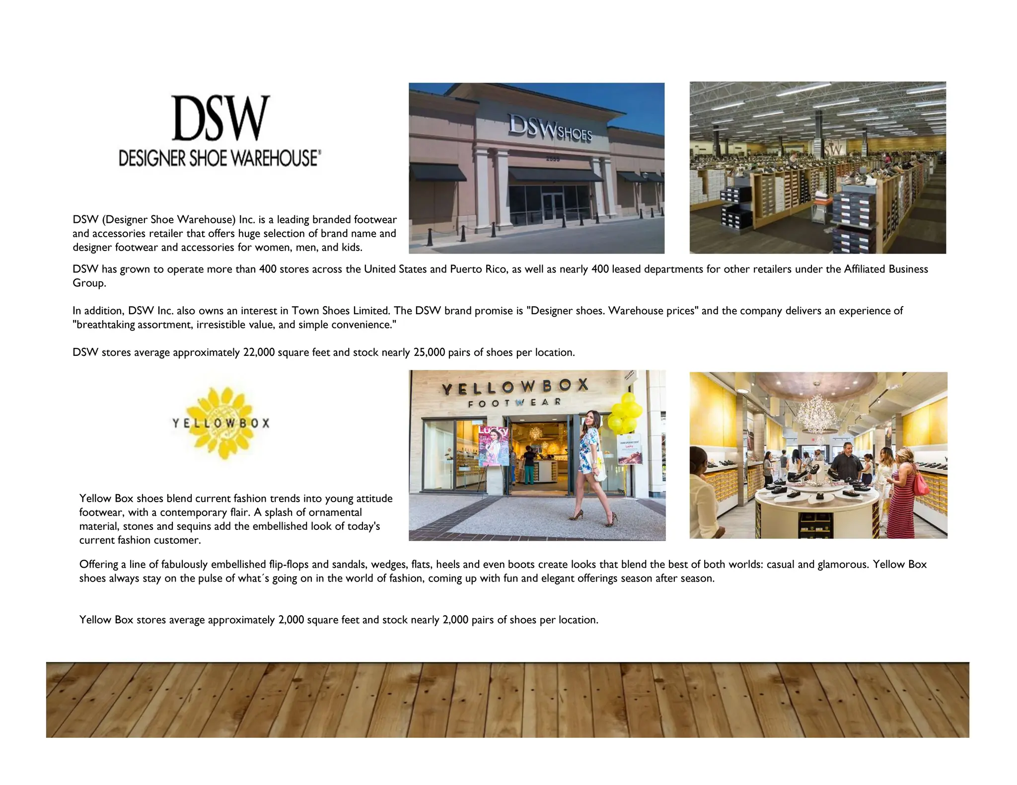 DSW (Designer Shoe Warehouse) Inc. is a leading branded footwear
and accessories retailer that offers huge selection of brand name and
designer footwear and accessories for women, men, and kids.
Yellow Box shoes blend current fashion trends into young attitude
footwear, with a contemporary flair. A splash of ornamental
material, stones and sequins add the embellished look of today's
current fashion customer.
DSW has grown to operate more than 400 stores across the United States and Puerto Rico, as well as nearly 400 leased departments for other retailers under the Affiliated Business
Group.
In addition, DSW Inc. also owns an interest in Town Shoes Limited. The DSW brand promise is "Designer shoes. Warehouse prices" and the company delivers an experience of
"breathtaking assortment, irresistible value, and simple convenience."
DSW stores average approximately 22,000 square feet and stock nearly 25,000 pairs of shoes per location.
Offering a line of fabulously embellished flip-flops and sandals, wedges, flats, heels and even boots create looks that blend the best of both worlds: casual and glamorous. Yellow Box
shoes always stay on the pulse of what´s going on in the world of fashion, coming up with fun and elegant offerings season after season.
Yellow Box stores average approximately 2,000 square feet and stock nearly 2,000 pairs of shoes per location.
 