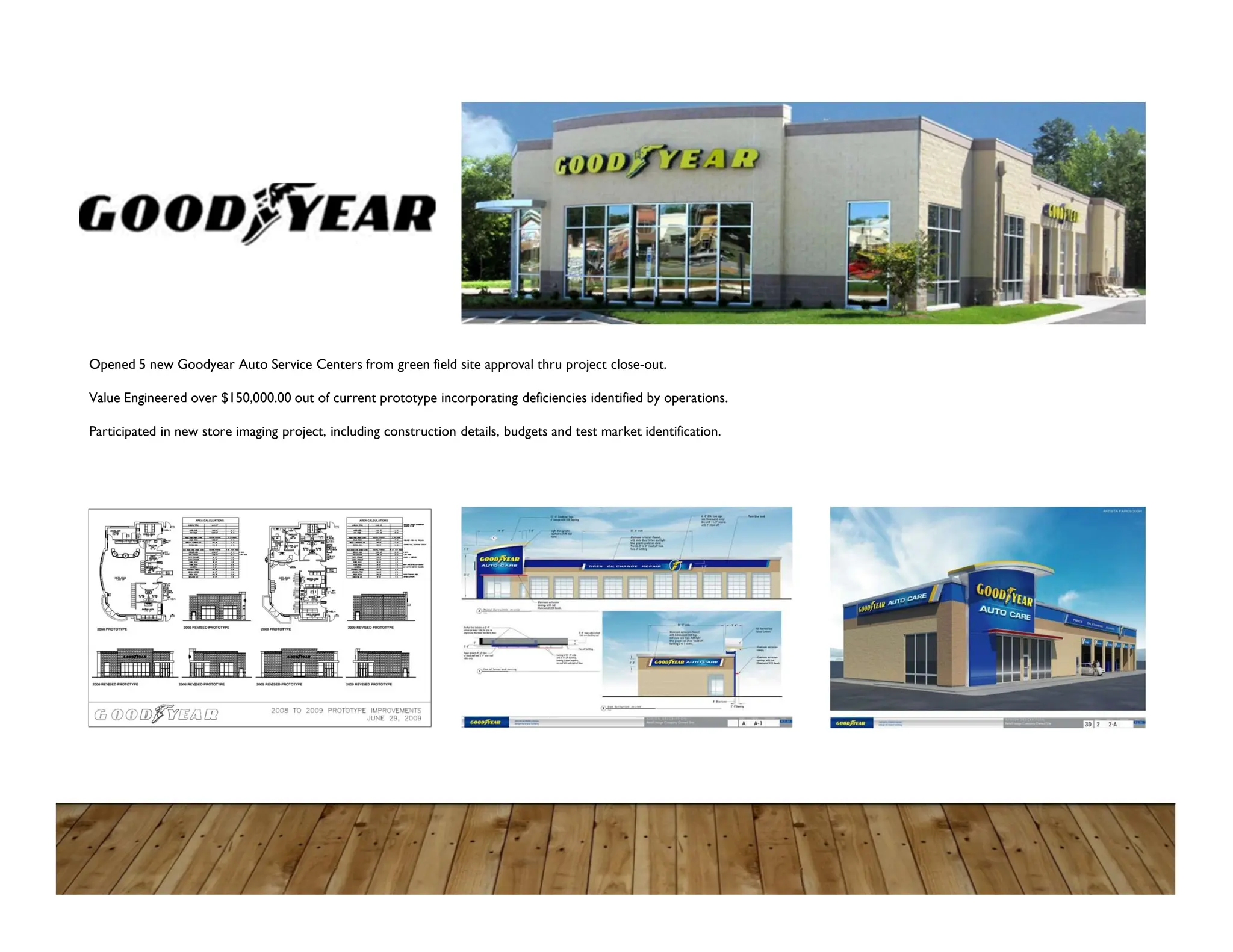 Opened 5 new Goodyear Auto Service Centers from green field site approval thru project close-out.
Value Engineered over $150,000.00 out of current prototype incorporating deficiencies identified by operations.
Participated in new store imaging project, including construction details, budgets and test market identification.
 