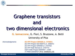 Giuseppe Iannaccone University of PisaGiuseppe Iannaccone University of Pisa1
Graphene transistorsGraphene transistors
andand
two dimensional electronicstwo dimensional electronics
G. Iannaccone, G. Fiori, S. Bruzzone, A. Betti
University of Pisa
Acknowledgments: EC FP7 Project GRADE (n. 317839 )
EC FP7 Project GO-NEXTs (n. 309201)
EC FP7 Project GRAND (n. 215752)
EC FP7 NoE Nanosil (n. 216171)
ESF FoNE Project DEWINT – CNR
IT PRIN GRANFET (Prot. 2008S2CLJ9)
 