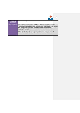 Language
accuracy
X
Observations The activities are appealing, but they just foster vocabulary practice.
You should expose students to longer chunks of language. They should
find these vocabulary items within significant utterances and a
meaningful context.
What about skills? Have you promoted listening comprehension?
 