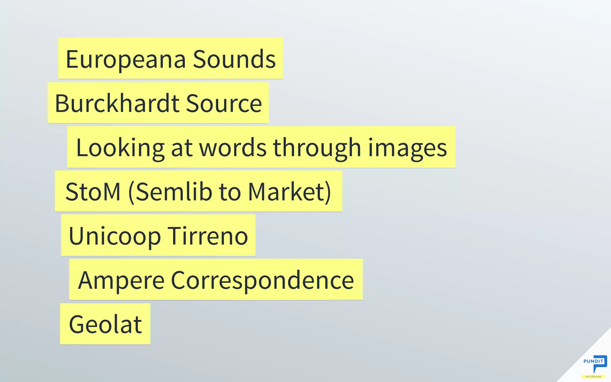 Burckhardt Source
Looking at words through images
StoM (Semlib to Market)
Unicoop Tirreno
Ampere Correspondence
Geolat
Europeana Sounds
 