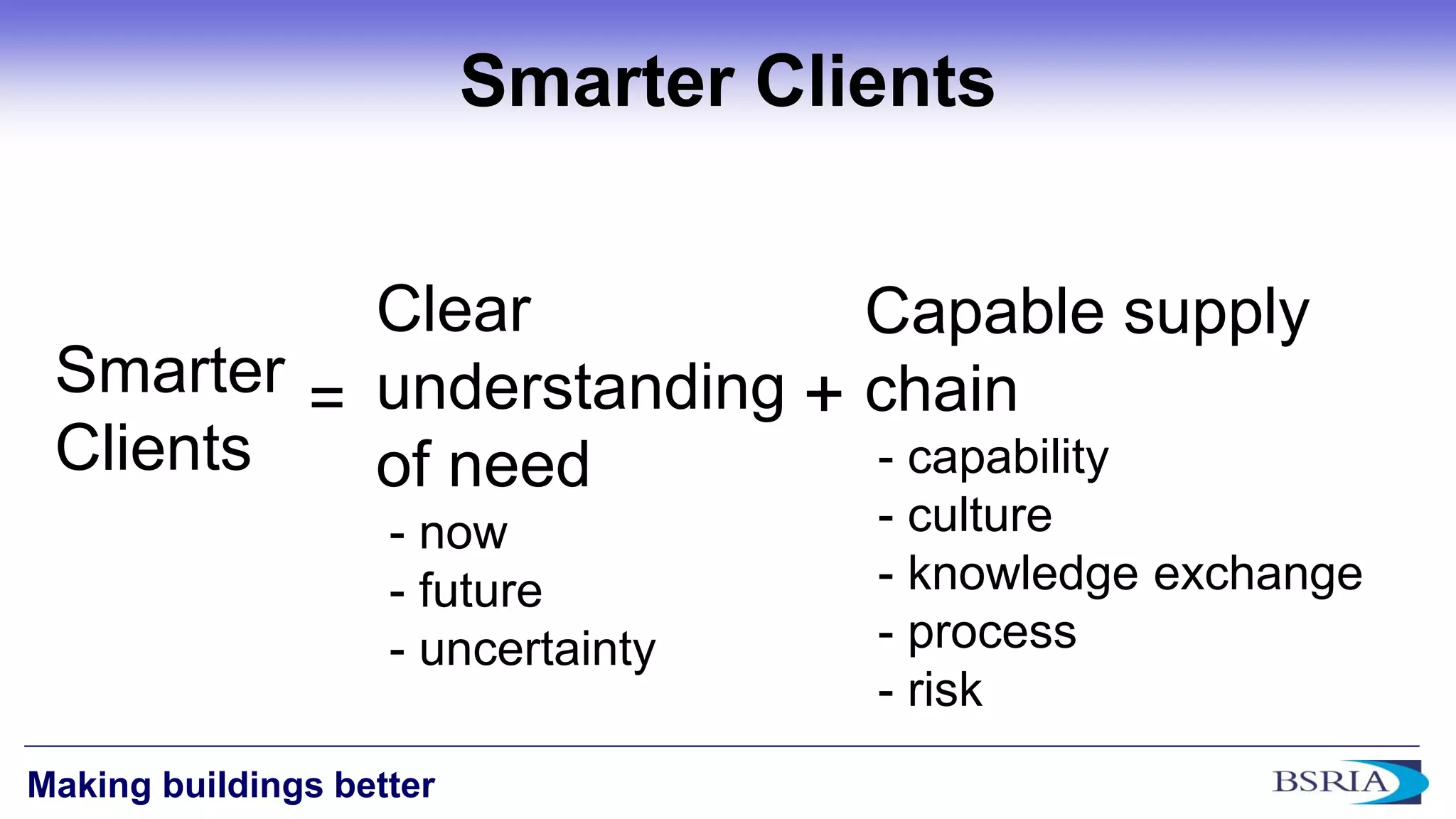 7 
Making buildings better 
Smarter Clients 
Smarter Clients 
= 
Clear understanding of need 
- now 
- future 
- uncertainty 
Capable supply chain 
- capability 
- culture 
- knowledge exchange 
- process 
- risk 
+  