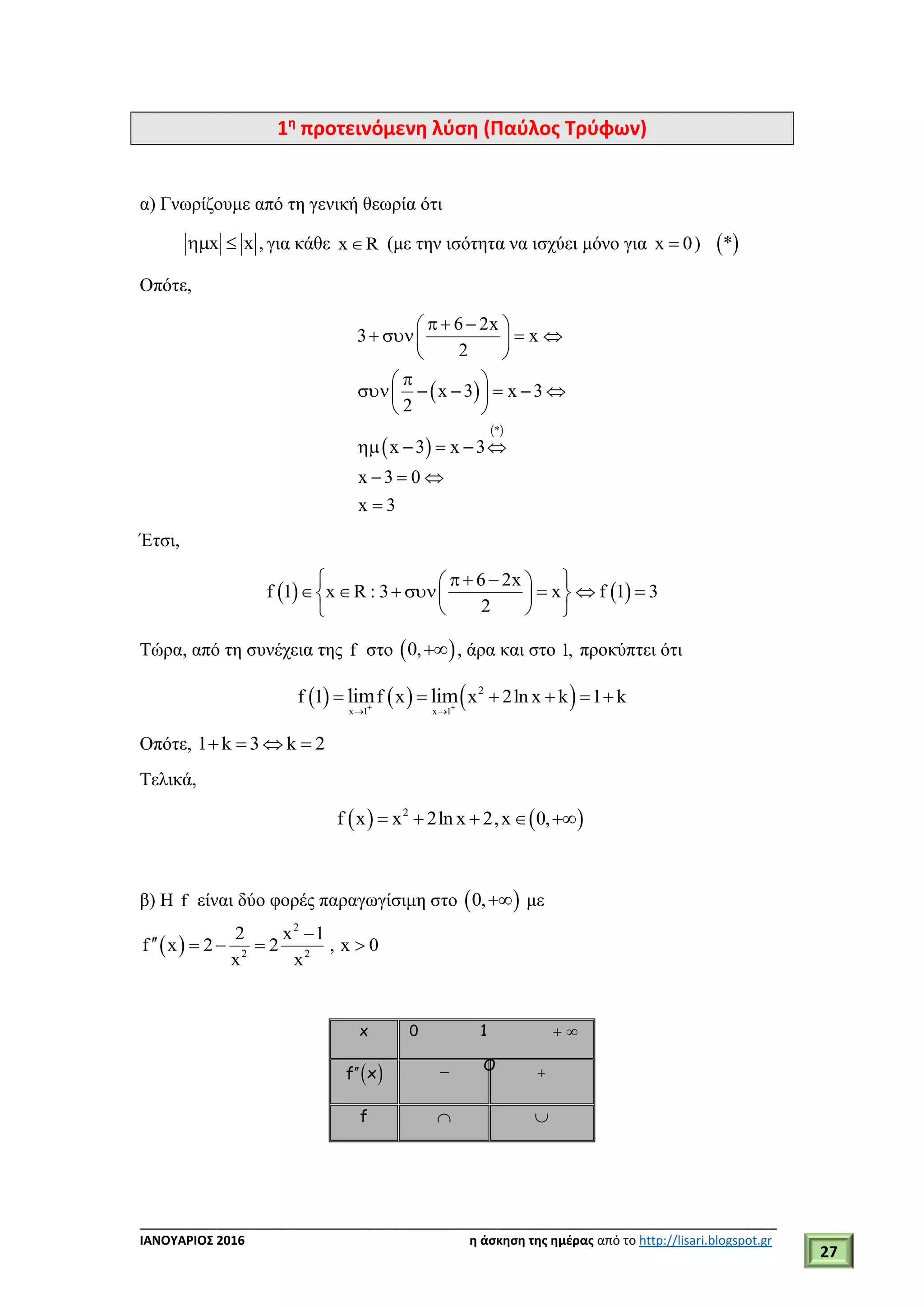 ___________________________________________________________________________
ΙΑΝΟΥΑΡΙΟΣ 2016 η άσκηση της ημέρας από το http://lisari.blogspot.gr
27
1η
προτεινόμενη λύση (Παύλος Τρύφων)
α) Γνωρίζουμε από τη γενική θεωρία ότι
x x ,  για κάθε x R (με την ισότητα να ισχύει μόνο για x 0 )  *
Οπότε,
 
 
 *
6 2x
3 x
2
x 3 x 3
2
x 3 x 3
x 3 0
x 3
   
    
 
 
      
 
    
  

Έτσι,
   
6 2x
f 1 x R : 3 x f 1 3
2
   
        
  
Τώρα, από τη συνέχεια της f στο  0, , άρα και στο 1, προκύπτει ότι
     x 1 x 1
2
f 1 f x x 2ln x k 1 klim lim 
 
     
Οπότε, 1 k 3 k 2   
Τελικά,
   2
f x x 2ln x 2,x 0,    
β) Η f είναι δύο φορές παραγωγίσιμη στο  0, με
 
2
2 2
2 x 1
f x 2 2 , x 0
x x

    
x 0 1  
 f x  
f  
O
 