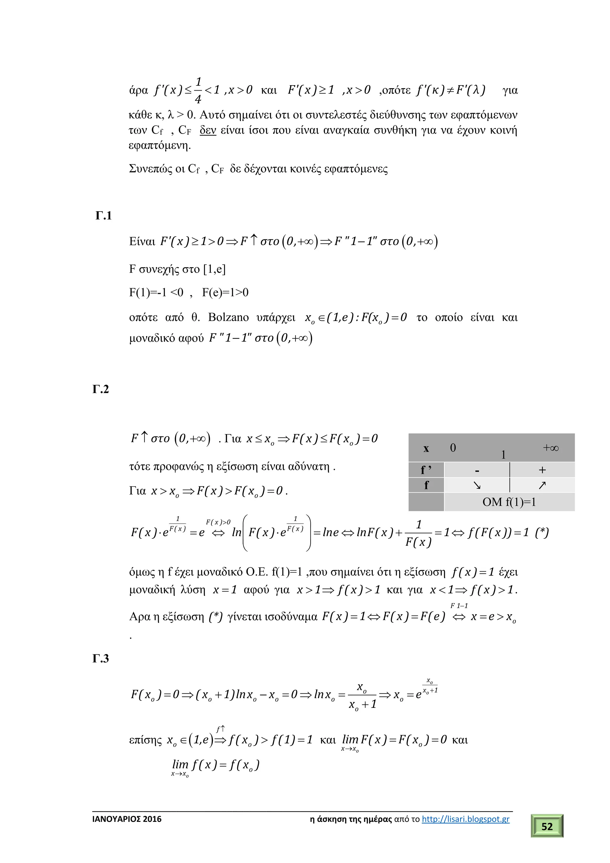 ___________________________________________________________________________
ΙΑΝΟΥΑΡΙΟΣ 2016 η άσκηση της ημέρας από το http://lisari.blogspot.gr
52
άρα
1
f '( x ) 1 ,x 0
4
   και F'( x) 1 ,x 0  ,οπότε f '(κ) F'( λ) για
κάθε κ, λ > 0. Αυτό σημαίνει ότι οι συντελεστές διεύθυνσης των εφαπτόμενων
των Cf , CF δεν είναι ίσοι που είναι αναγκαία συνθήκη για να έχουν κοινή
εφαπτόμενη.
Συνεπώς οι Cf , CF δε δέχονται κοινές εφαπτόμενες
Γ.1
Είναι    F'( x ) 1 0 F στο 0, F "1 1" στο 0,       
F συνεχής στο [1,e]
F(1)=-1 <0 , F(e)=1>0
οπότε από θ. Bolzano υπάρχει o ox (1,e): F(x ) 0  το οποίο είναι και
μοναδικό αφού  F "1 1" στο 0, 
Γ.2
 F στο 0,  . Για o ox x F( x ) F( x ) 0   
τότε προφανώς η εξίσωση είναι αδύνατη .
Για o ox x F( x ) F( x ) 0    .
1 1F( x ) 0
F( x ) F( x ) 1
F( x ) e e ln F( x ) e lne lnF( x ) 1 f (F( x )) 1 (*)
F( x )
  
           
 
όμως η f έχει μοναδικό Ο.Ε. f(1)=1 ,που σημαίνει ότι η εξίσωση f ( x ) 1 έχει
μοναδική λύση x 1 αφού για x 1 f ( x ) 1   και για x 1 f ( x ) 1   .
Αρα η εξίσωση (*) γίνεται ισοδύναμα
F 1 1
oF( x ) 1 F( x ) F(e) x e x

     
.
Γ.3
o
o
x
x 1o
o o o o o o
o
x
F( x ) 0 ( x 1)lnx x 0 lnx x e
x 1

        

επίσης  
f
o ox 1,e f ( x ) f (1) 1

    και
o
o
x x
limF( x ) F( x ) 0

  και
o
o
x x
lim f ( x ) f ( x )


x 0
1
+∞
f ’ - +
f ↘ ↗
ΟΜ f(1)=1
 