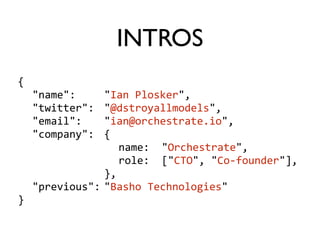 { 
"name": 
"Ian 
Plosker", 
"twitter": 
"@dstroyallmodels", 
"email": 
"ian@orchestrate.io", 
"company": 
{ 
name: 
"Orchestrate", 
role: 
["CTO", 
"Co-­‐founder"], 
}, 
"previous": 
"Basho 
Technologies" 
} 
INTROS 
 