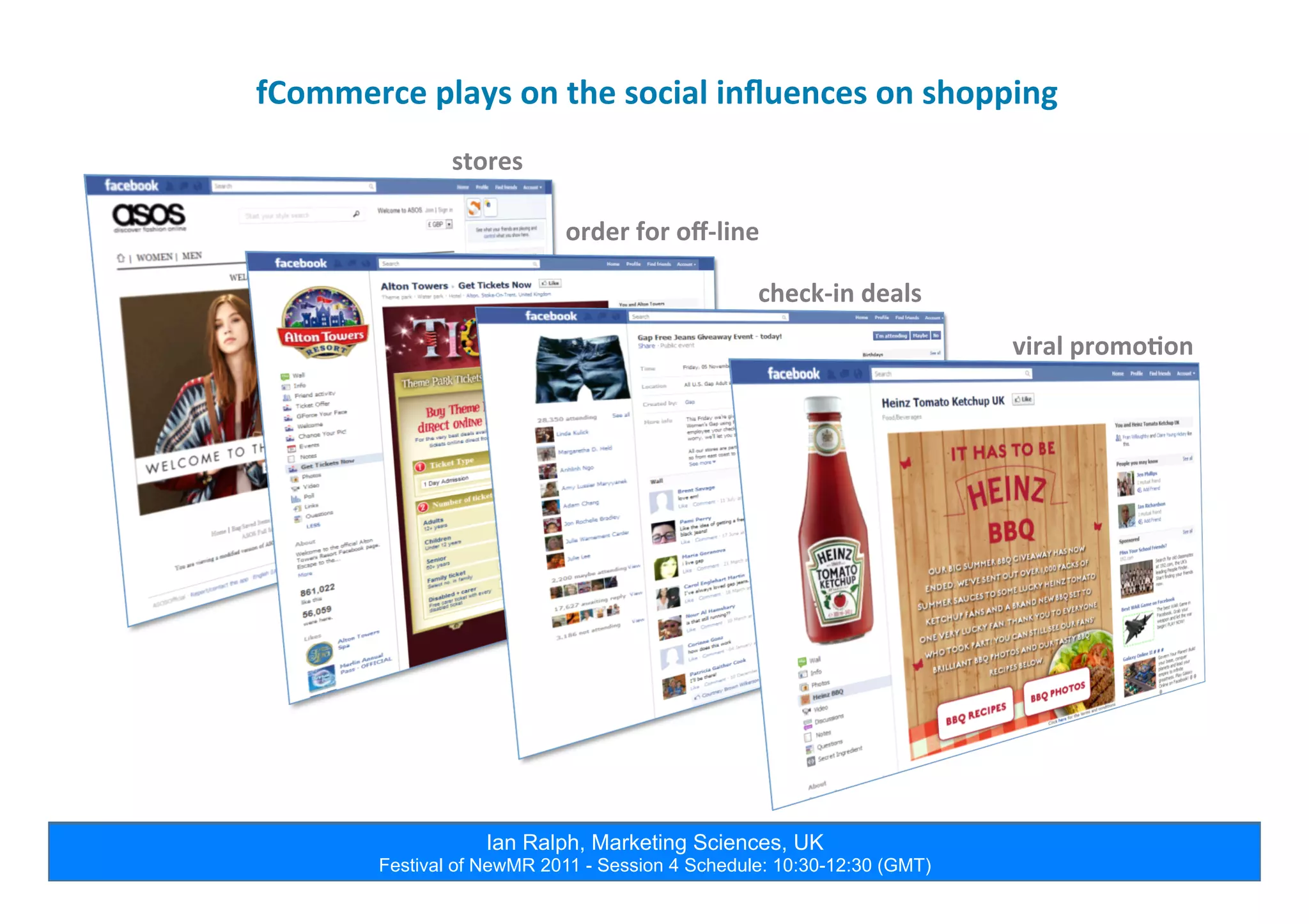 Ian Ralph, Marketing Sciences, UK
Festival of NewMR 2011 - Session 4 Schedule: 10:30-12:30 (GMT)
fCommerce	
  plays	
  on	
  the	
  social	
  inﬂuences	
  on	
  shopping	
  
stores	
  
check-­‐in	
  deals	
  
order	
  for	
  oﬀ-­‐line	
  
viral	
  promo5on	
  
 