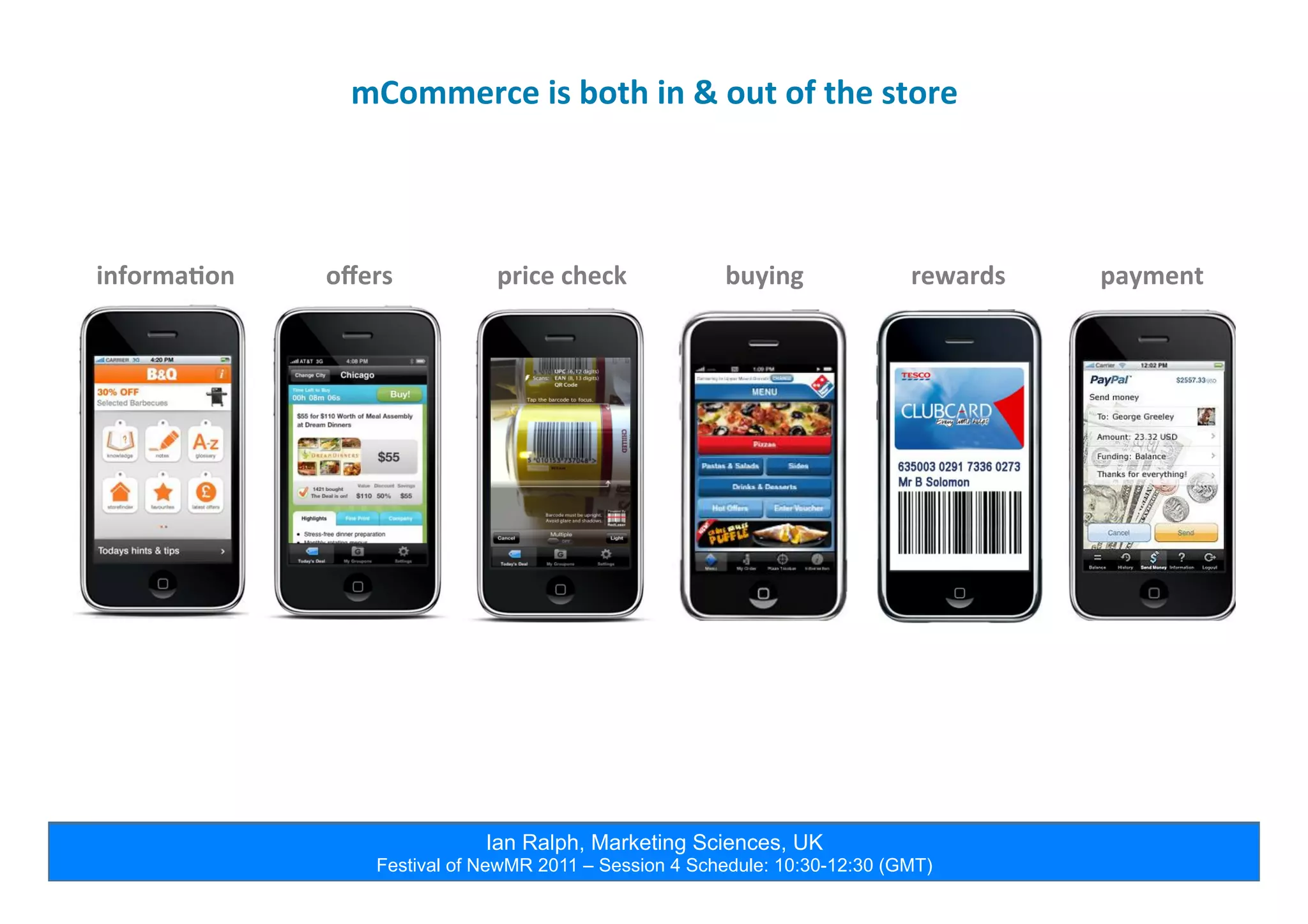 Ian Ralph, Marketing Sciences, UK
Festival of NewMR 2011 – Session 4 Schedule: 10:30-12:30 (GMT)
mCommerce	
  is	
  both	
  in	
  &	
  out	
  of	
  the	
  store	
  
informa5on	
   oﬀers	
   price	
  check	
   rewards	
   payment	
  buying	
  
 