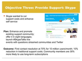 Objective Three: Provide Support: Skype

 Skype wanted to cut
  support costs and enhance
  self service



Plan: Enhance and promote
  existing support community;
  offer it in eight languages;
  launch #SkypeTalks live
  events with questions streamed communities and Twitter

Outcome: First contact resolution at 70% for 10 million users/month; 10%
 reduction in traditional support costs; Community members are 30%
 more likely to use long-term subscriptions
 