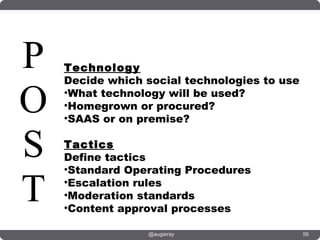 P   Technology
    Decide which social technologies to use

O   •What technology will be used?
    •Homegrown or procured?
    •SAAS or on premise?


S   Tactics
    Define tactics
    •Standard Operating Procedures

T   •Escalation rules
    •Moderation standards
    •Content approval processes

                 @augieray                    56
 