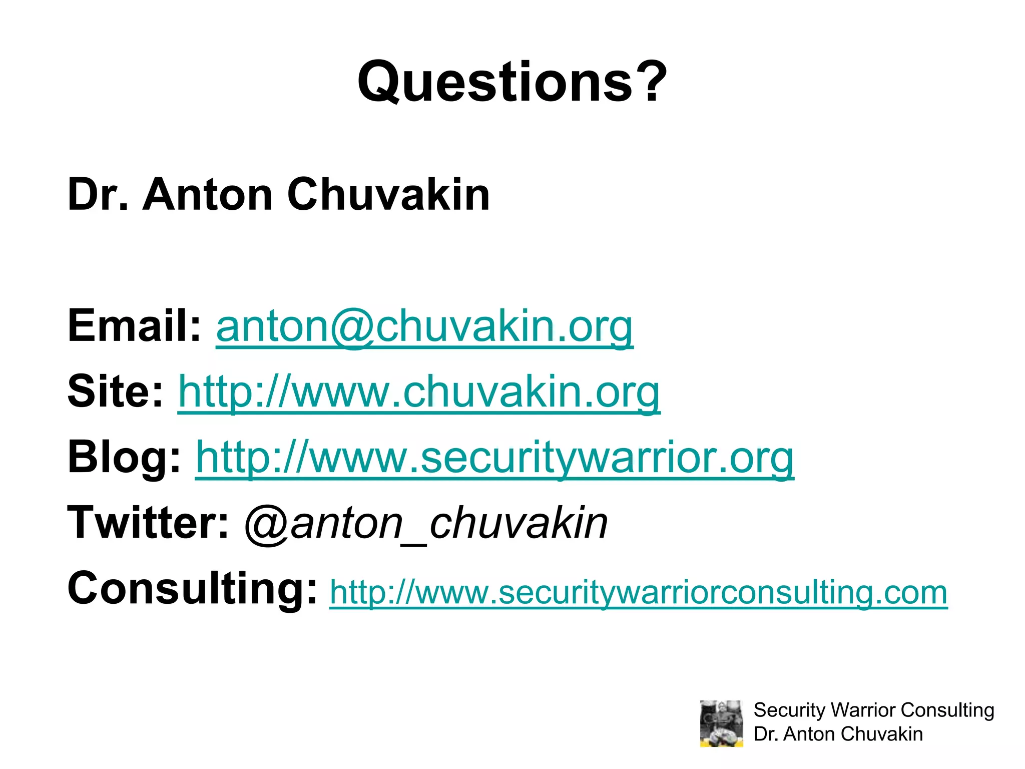 Discussion Questions: How to Do Log Management?What are you doing with the log data? What do you review? What motivated you to review logs?What logs are looked at periodically?What logs are looked at only after an incident?What tools used for log review? LM or SIEM?Who reviews logs?What roles are looking at logs? Who uses each of the tools?