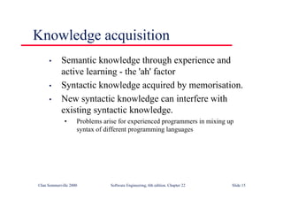 ©Ian Sommerville 2000 Software Engineering, 6th edition. Chapter 22 Slide 15
Knowledge acquisition
• Semantic knowledge through experience and
active learning - the 'ah' factor
• Syntactic knowledge acquired by memorisation.
• New syntactic knowledge can interfere with
existing syntactic knowledge.
• Problems arise for experienced programmers in mixing up
syntax of different programming languages
 
