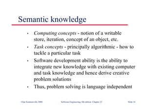 ©Ian Sommerville 2000 Software Engineering, 6th edition. Chapter 22 Slide 16
Semantic knowledge
• Computing concepts - notion of a writable
store, iteration, concept of an object, etc.
• Task concepts - principally algorithmic - how to
tackle a particular task
• Software development ability is the ability to
integrate new knowledge with existing computer
and task knowledge and hence derive creative
problem solutions
• Thus, problem solving is language independent
 