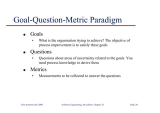 ©Ian Sommerville 2000 Software Engineering, 6th edition. Chapter 25 Slide 20
l Goals
• What is the organisation trying to achieve? The objective of
process improvement is to satisfy these goals
l Questions
• Questions about areas of uncertainty related to the goals. You
need process knowledge to derive these
l Metrics
• Measurements to be collected to answer the questions
Goal-Question-Metric Paradigm
 