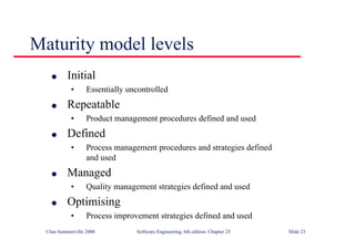 ©Ian Sommerville 2000 Software Engineering, 6th edition. Chapter 25 Slide 23
l Initial
• Essentially uncontrolled
l Repeatable
• Product management procedures defined and used
l Defined
• Process management procedures and strategies defined
and used
l Managed
• Quality management strategies defined and used
l Optimising
• Process improvement strategies defined and used
Maturity model levels
 