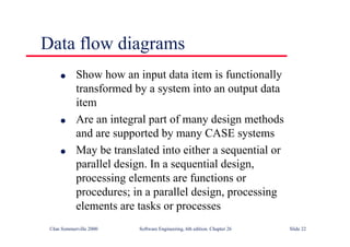©Ian Sommerville 2000 Software Engineering, 6th edition. Chapter 26 Slide 22
Data flow diagrams
l Show how an input data item is functionally
transformed by a system into an output data
item
l Are an integral part of many design methods
and are supported by many CASE systems
l May be translated into either a sequential or
parallel design. In a sequential design,
processing elements are functions or
procedures; in a parallel design, processing
elements are tasks or processes
 