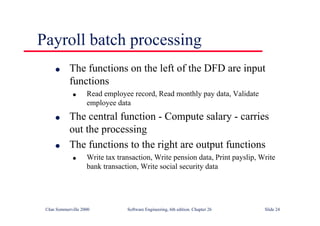 ©Ian Sommerville 2000 Software Engineering, 6th edition. Chapter 26 Slide 24
Payroll batch processing
● The functions on the left of the DFD are input
functions
● Read employee record, Read monthly pay data, Validate
employee data
● The central function - Compute salary - carries
out the processing
● The functions to the right are output functions
● Write tax transaction, Write pension data, Print payslip, Write
bank transaction, Write social security data
 