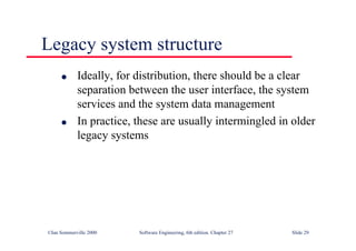 ©Ian Sommerville 2000 Software Engineering, 6th edition. Chapter 27 Slide 29
Legacy system structure
l Ideally, for distribution, there should be a clear
separation between the user interface, the system
services and the system data management
l In practice, these are usually intermingled in older
legacy systems
 
