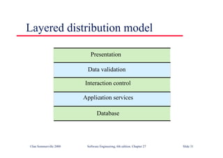 ©Ian Sommerville 2000 Software Engineering, 6th edition. Chapter 27 Slide 31
Layered distribution model
Database
Application services
Interaction control
Data validation
Presentation
 