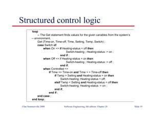 ©Ian Sommerville 2000 Software Engineering, 6th edition. Chapter 28 Slide 19
Structured control logic
loop
-- The Get statement finds values for the given variables from the system’s
-- environment.
Get (Time-on, Time-off, Time, Setting, Temp, Switch) ;
case Switch of
when On => if Heating-status = off then
Switch-heating ; Heating-status := on ;
end if ;
when Off => if Heating-status = on then
Switch-heating ; Heating-status := off ;
end if;
when Controlled =>
if Time >= Time-on and Time < = Time-off then
if Temp > Setting and Heating-status = on then
Switch-heating; Heating-status = off;
elsif Temp < Setting and Heating-status = off then
Switch-heating; Heating-status := on ;
end if;
end if ;
end case ;
end loop ;
 