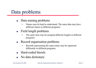 ©Ian Sommerville 2000 Software Engineering, 6th edition. Chapter 28 Slide 31
Data problems
● Data naming problems
• Names may be hard to understand. The same data may have
different names in different programs
● Field length problems
• The same item may be assigned different lengths in different
programs
● Record organisation problems
• Records representing the same entity may be organised
differently in different programs
● Hard-coded literals
● No data dictionary
 