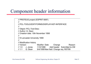 ©Ian Sommerville 2000 Software Engineering, 6th edition. Chapter 29 Slide 25
Component header information
// PROTEUS project (ESPRIT 6087)
//
// PCL-TOOLS/EDIT/FORMS/DISPLAY/AST-INTERFACE
//
// Object: PCL-Tool-Desc
// Author: G. Dean
// Creation date: 10th November 1998
//
// © Lancaster University 1998
//
// Modification history
// Version Modifier Date Change Reason
// 1.0 J. Jones 1/12/1998 Add header Submitted to CM
// 1.1 G. Dean 9/4/1999 New field Change req. R07/99
 
