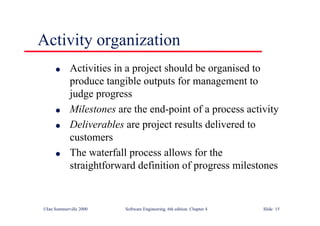 ©Ian Sommerville 2000 Software Engineering, 6th edition. Chapter 4 Slide 15
Activity organization
l Activities in a project should be organised to
produce tangible outputs for management to
judge progress
l Milestones are the end-point of a process activity
l Deliverables are project results delivered to
customers
l The waterfall process allows for the
straightforward definition of progress milestones
 