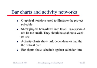 ©Ian Sommerville 2000 Software Engineering, 6th edition. Chapter 4 Slide 21
Bar charts and activity networks
l Graphical notations used to illustrate the project
schedule
l Show project breakdown into tasks. Tasks should
not be too small. They should take about a week
or two
l Activity charts show task dependencies and the
the critical path
l Bar charts show schedule against calendar time
 