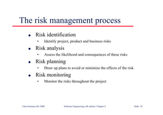 ©Ian Sommerville 2000 Software Engineering, 6th edition. Chapter 4 Slide 29
The risk management process
l Risk identification
• Identify project, product and business risks
l Risk analysis
• Assess the likelihood and consequences of these risks
l Risk planning
• Draw up plans to avoid or minimise the effects of the risk
l Risk monitoring
• Monitor the risks throughout the project
 