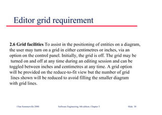 ©Ian Sommerville 2000 Software Engineering, 6th edition. Chapter 5 Slide 30
Editor grid requirement
2.6 Grid facilities To assist in the positioning of entities on a diagram,
the user may turn on a grid in either centimetres or inches, via an
option on the control panel. Initially, the grid is off. The grid may be
turned on and off at any time during an editing session and can be
toggled between inches and centimetres at any time. A grid option
will be provided on the reduce-to-fit view but the number of grid
lines shown will be reduced to avoid filling the smaller diagram
with grid lines.
 