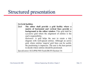 ©Ian Sommerville 2000 Software Engineering, 6th edition. Chapter 5 Slide 32
Structured presentation
2.6 Grid facilities
2.6.1 The editor shall provide a grid facility where a
matrix of horizontal and vertical lines provide a
background to the editor window. This grid shall be
a p assive grid where the alignment of entities is the
user's responsibility.
Rationale: A grid helps the user to create a tidy
diagram with well-spaced entities. Although an active
grid, where entities 'snap-to' grid lines can be useful,
the positioning is imprecise. The user is the best person
to decide where entities should be positioned.
Specification: ECLIPSE/WS/Tools/DE/FS Section 5.6
 
