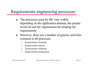 ©Ian Sommerville 2000 Software Engineering, 6th edition. Chapter 6 Slide 4
Requirements engineering processes
l The processes used for RE vary widely
depending on the application domain, the people
involved and the organisation developing the
requirements
l However, there are a number of generic activities
common to all processes
• Requirements elicitation
• Requirements analysis
• Requirements validation
• Requirements management
 