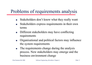 ©Ian Sommerville 2000 Software Engineering, 6th edition. Chapter 6 Slide 9
Problems of requirements analysis
l Stakeholders don’t know what they really want
l Stakeholders express requirements in their own
terms
l Different stakeholders may have conflicting
requirements
l Organisational and political factors may influence
the system requirements
l The requirements change during the analysis
process. New stakeholders may emerge and the
business environment change
 