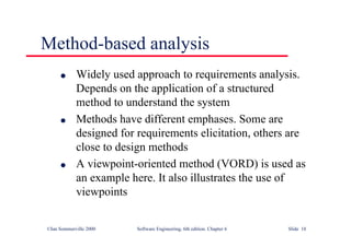 ©Ian Sommerville 2000 Software Engineering, 6th edition. Chapter 6 Slide 18
Method-based analysis
l Widely used approach to requirements analysis.
Depends on the application of a structured
method to understand the system
l Methods have different emphases. Some are
designed for requirements elicitation, others are
close to design methods
l A viewpoint-oriented method (VORD) is used as
an example here. It also illustrates the use of
viewpoints
 