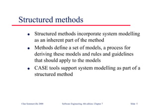 ©Ian Sommerville 2000 Software Engineering, 6th edition. Chapter 7 Slide 5
Structured methods
l Structured methods incorporate system modelling
as an inherent part of the method
l Methods define a set of models, a process for
deriving these models and rules and guidelines
that should apply to the models
l CASE tools support system modelling as part of a
structured method
 