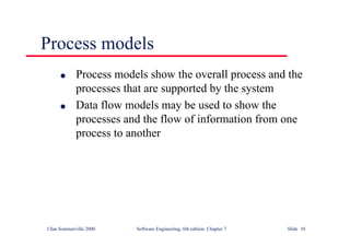 ©Ian Sommerville 2000 Software Engineering, 6th edition. Chapter 7 Slide 10
Process models
l Process models show the overall process and the
processes that are supported by the system
l Data flow models may be used to show the
processes and the flow of information from one
process to another
 