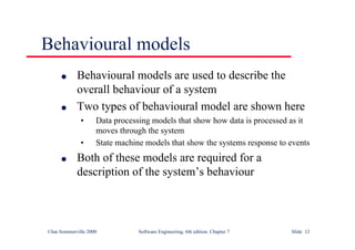 ©Ian Sommerville 2000 Software Engineering, 6th edition. Chapter 7 Slide 12
Behavioural models
l Behavioural models are used to describe the
overall behaviour of a system
l Two types of behavioural model are shown here
• Data processing models that show how data is processed as it
moves through the system
• State machine models that show the systems response to events
l Both of these models are required for a
description of the system’s behaviour
 