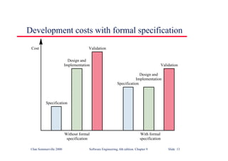 ©Ian Sommerville 2000 Software Engineering, 6th edition. Chapter 9 Slide 13
Development costs with formal specification
Specification
Design and
Implementation
Validation
Specification
Design and
Implementation
Validation
Cost
Without formal
specification
With formal
specification
 
