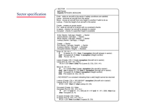Sector specification
Enter (S, CS, H) =
if In-space (S, CS ) then S exception (Aircraft already in sector)
elsif Occupied (S, H) then S exception (Height conflict)
else Put (S, CS, H)
Leave (Create, CS) = Create exception (Aircraft not in sector)
Leave (Put (S, CS1, H1), CS) =
if CS = CS1 then S else Put (Leave (S, CS), CS1, H1)
Move (S, CS, H) =
if S = Create then Create exception (No aircraft in sector)
elsif not In-space (S, CS) then S exception (Aircraft not in sector)
elsif Occupied (S, H) then S exception (Height conflict)
else Put (Leave (S, CS), CS, H)
-- NO-HEIGHT is a constant indicating that a valid height cannot be returned
Lookup (Create, CS) = NO-HEIGHT exception (Aircraft not in sector)
Lookup (Put (S, CS1, H1), CS) =
if CS = CS1 then H1 else Lookup (S, CS)
Occupied (Create, H) = false
Occupied (Put (S, CS1, H1), H) =
if (H1 > H and H1 - H ≤ 300) or (H > H1 and H - H1 ≤ 300) then true
else Occupied (S, H)
In-space (Create, CS) = false
In-space (Put (S, CS1, H1), CS ) =
if CS = CS1 then true else In-space (S, CS)
sort Sector
imports INTEGER, BOOLEAN
Enter - adds an aircraft to the sector if safety conditions are satisfed
Leave - removes an aircraft from the sector
Move - moves an aircraft from one height to another if safe to do so
Lookup - Finds the height of an aircraft in the sector
Create - creates an empty sector
Put - adds an aircraft to a sector with no constraint checks
In-space - checks if an aircraft is already in a sector
Occupied - checks if a specified height is available
Enter (Sector, Call-sign, Height) → Sector
Leave (Sector, Call-sign) → Sector
Move (Sector, Call-sign, Height) → Sector
Lookup (Sector, Call-sign) → Height
Create → Sector
Put (Sector, Call-sign, Height) → Sector
In-space (Sector, Call-sign) → Boolean
Occupied (Sector, Height) → Boolean
SECTOR
 
