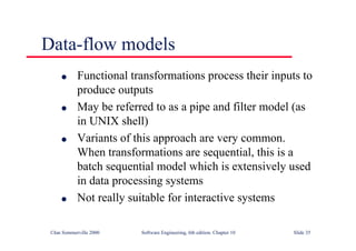 ©Ian Sommerville 2000 Software Engineering, 6th edition. Chapter 10 Slide 35
Data-flow models
l Functional transformations process their inputs to
produce outputs
l May be referred to as a pipe and filter model (as
in UNIX shell)
l Variants of this approach are very common.
When transformations are sequential, this is a
batch sequential model which is extensively used
in data processing systems
l Not really suitable for interactive systems
 