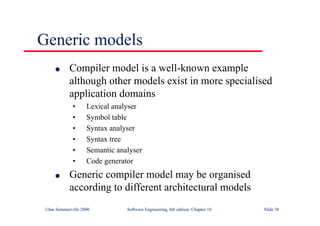©Ian Sommerville 2000 Software Engineering, 6th edition. Chapter 10 Slide 38
Generic models
l Compiler model is a well-known example
although other models exist in more specialised
application domains
• Lexical analyser
• Symbol table
• Syntax analyser
• Syntax tree
• Semantic analyser
• Code generator
l Generic compiler model may be organised
according to different architectural models
 