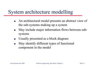 ©Ian Sommerville 2000 Software Engineering, 6th edition. Chapter 2 Slide 17
System architecture modelling
l An architectural model presents an abstract view of
the sub-systems making up a system
l May include major information flows between sub-
systems
l Usually presented as a block diagram
l May identify different types of functional
component in the model
 