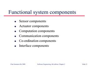 ©Ian Sommerville 2000 Software Engineering, 6th edition. Chapter 2 Slide 21
Functional system components
l Sensor components
l Actuator components
l Computation components
l Communication components
l Co-ordination components
l Interface components
 
